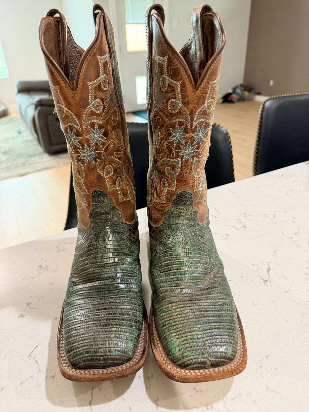 Tony Lama Brown Leather Western Boots with Green Lizard-Texture Toe